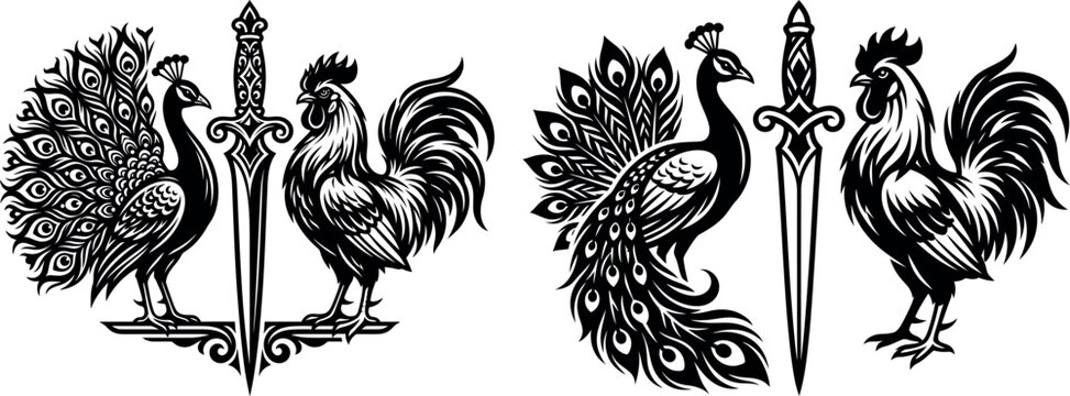 Black and white vector illustration set of peacocks and roosters standing beside ornate swords