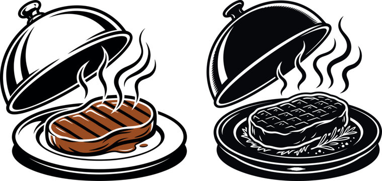 Grilled steak on platter with cloche serving vector illustration restaurant illustration barbecue