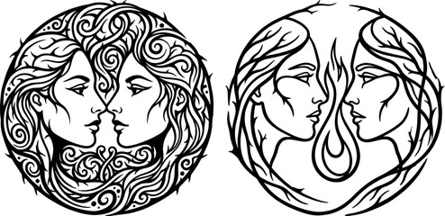 Fototapeta premium Stylized twin goddess faces in circular ornaments with ornament mythology bohemian esoteric