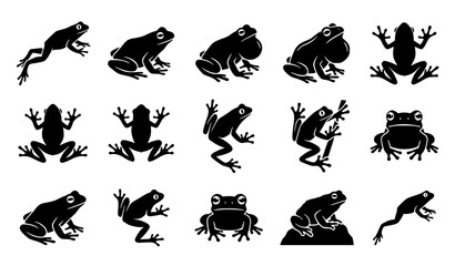 Fototapeta premium Frog Silhouette Collection Featuring Different Jumping Sitting Crawling and Amphibian Wildlife Pose Illustrations