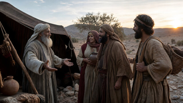 Ancient nomadic patriarch welcoming guests to his tent in a desert landscape at sunset