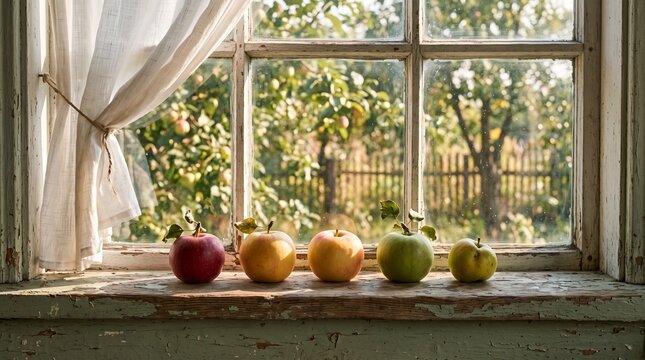 Fresh apples arranged on windowsill with natural light and greenery for Apple Spas