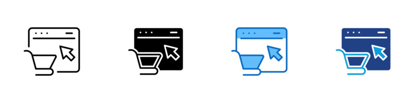 Online Shopping Browser Multiple Style Icon Design Vector - Browser window with shopping cart and cursor arrow representing commerce web interaction, online retail browsing, and digital store cart