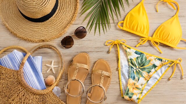 麦わら帽子やサングラス・水着が並ぶ夏のサマーファッション実写フラットレイ素材