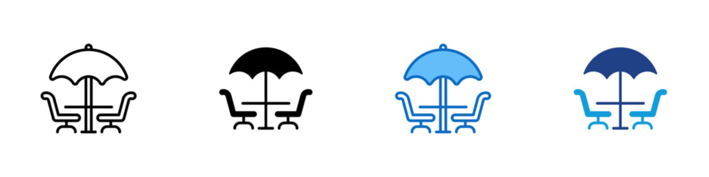 Patio Set Multiple Style Icon Design Vector - Patio table with two chairs and parasol umbrella representing outdoor dining furniture, cafe terrace seating, and garden hospitality arrangement