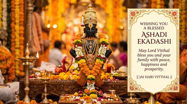 Warkari Devotion Decorated Lord Vitthal Murti Marigold Garland Diya