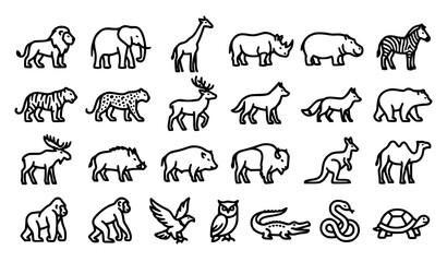 Wild Animal Outline Icons Collection Featuring Elephant Tiger Rhino Zebra Bear Bird and Reptile Symbols © Crafts Home