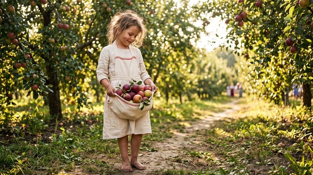 Young girl smiling while holding basket of apples in orchard for Apple Spas