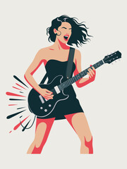 Fototapeta premium Energetic woman vocalist plays a black electric guitar with musical energy flowing