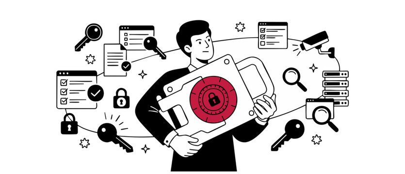 Cybersecurity concept illustration safety lock man holding database shield padlock with cloud tech icons, representing corporate network protection and personal data privacy in clean line art style