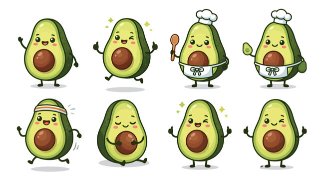 Cute Avocado Character Pack Variations featuring multiple expressions and roles such as chef, fitness runner, and yoga meditation, perfect for food mascot icons.