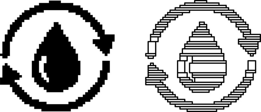 Two black and white pixel art icons depicting recycling symbols with a drop inside a circle