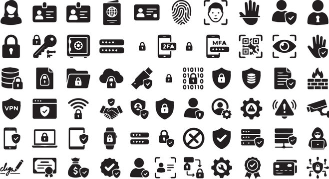 Set of 64 Black Security and Cyber Protection Icons Vector isolated PNG with Transparent Background