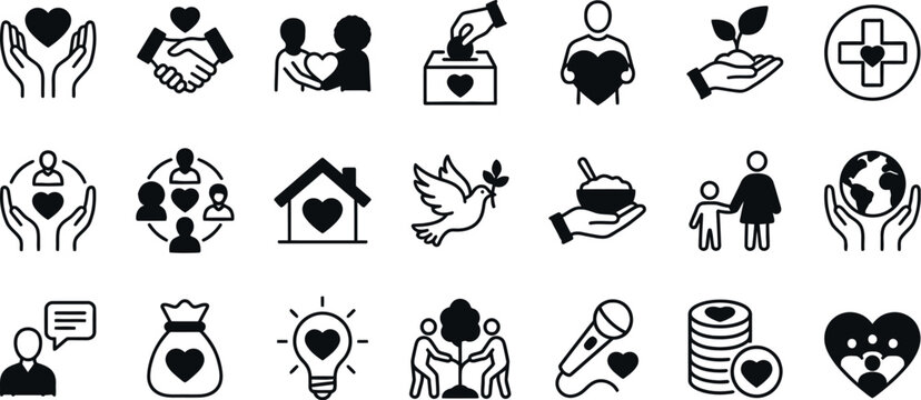 Charity and nonprofit icon set diverse black line illustrations for social impact campaigns
