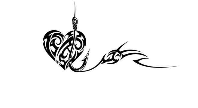 Tribal heart logo vector with fish hook and sharp wave elements