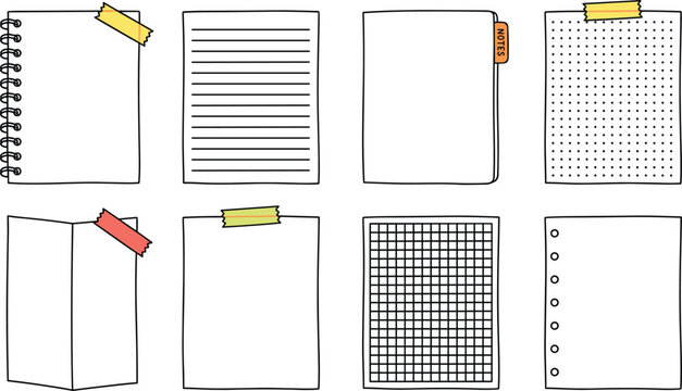 Blank paper notes doodle vector collection featuring spiral notebook lined grid and dotted sheets for bullet journal