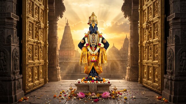Majestic Lord Vitthal Murti Between Golden Temple Gates Heavenly Light