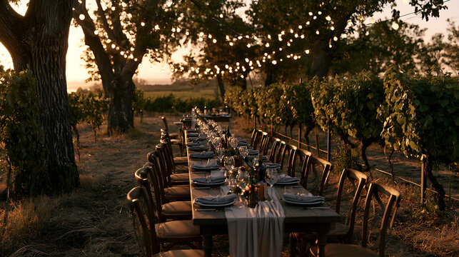 Wide angle luxury vineyard dinner table set during golden hour with elegant outdoor string lights in a rustic countryside setting