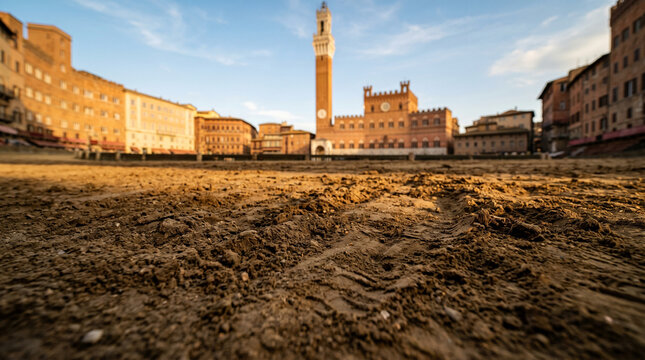 Piazza del Campo before the races.
Concept: A view from below of the dirt racecourse in Siena's historic square, showcasing traditional race preparations and iconic medieval architecture.