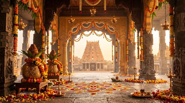 Traditional Indian Temple Mandapam Altar Kalash Marigold Diyas Hazy Light