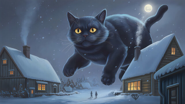 Giant black cat jumping over snowy houses in a winter night village under a full moon