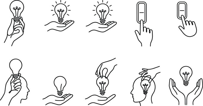 Creative Idea and Innovation Icon Collection Vector Set with Light Bulb Concepts, Human Thinking Process and Interactive Touch Gesture Illustration Pack