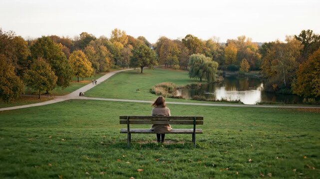 Woman sits on bench in park looking at water surrounded by autumn trees. Golden leaves define outdoor setting. Concept for wellness, reflection, nature appreciation