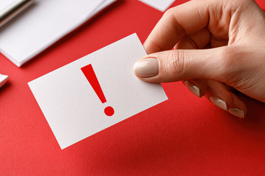 A hand with manicured nails holds a white card displaying a red exclamation mark over a red surface with white papers in the background.