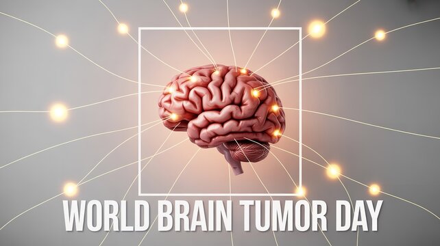 World Brain Tumor Day awareness illustration with human brain neural connections glowing points and frame symbolizing medical support