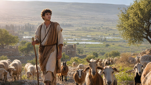 Young biblical shepherd holding a staff and leading a flock of sheep and goats in a valley