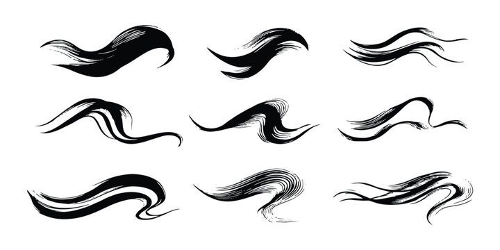 Set of black wavy brush strokes dynamic fluid ink lines abstract shape vector graphic illustration.