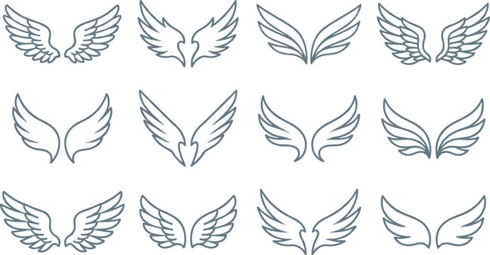 Angel Wings Collection Vector Set with Decorative Feather Wing Designs, Flying Fantasy Elements and Spiritual Outline Illustration Pack