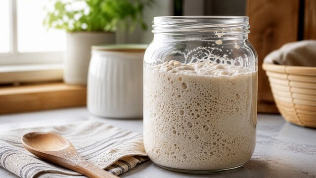 Bubbling sourdough starter in glass jar with wooden spoon, concept of homemade bread fermentation and baking
