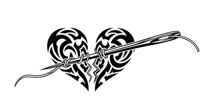 Mending a broken tribal heart logo vector with needle and thread