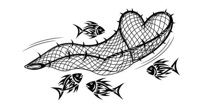Fishing net heart logo vector with tribal style fish silhouettes