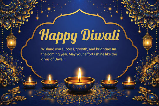 Luxury Happy Diwali Greeting Banner with Golden Diyas and Royal Blue Mandala Background