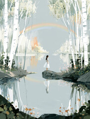 Fototapeta premium Enchanting Birch Trees, Rainbow Reflection, Serene Lake Landscape with Girl, Watercolor Storybook Illustration