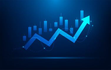 Naklejka premium business graph arrow up achievement motivation and strategy to success on blue background. revenue profit increase growth. stock market trend. vector illustration fantastic technology.