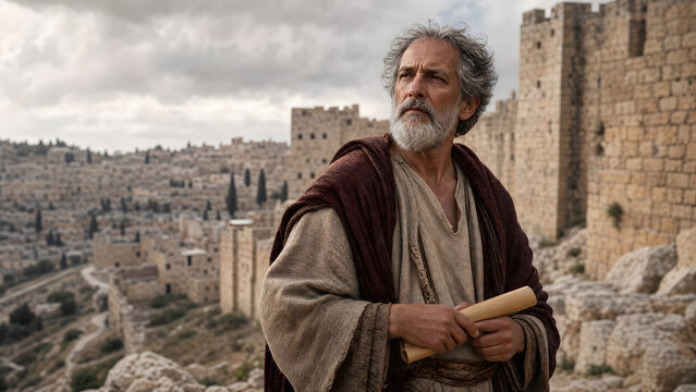 Elderly man with beard holding a scroll in front of ancient city walls