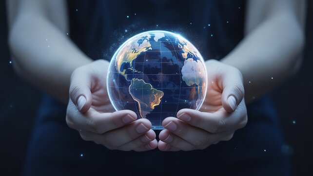 Hands gently holding glowing holographic Earth globe with luminous continents symbolizing care protection unity and sustainability