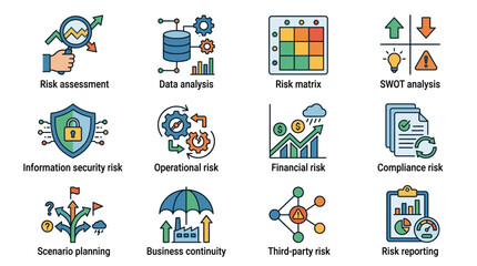 Fototapeta premium Dynamic Visual Guide to Enterprise Risk Management Tools Strategies with Colorful Icons with high quality professional line art symbols for modern creative design and digital branding projects