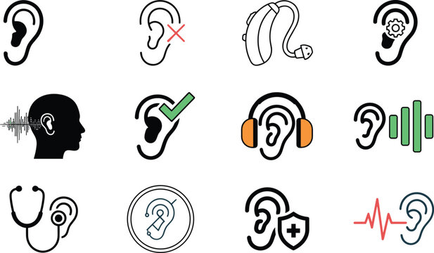 Hearing Health and Audiology Icon Collection Vector Set with Ear Care, Hearing Aid Devices, Sound Therapy and Medical Hearing Symbols Pack