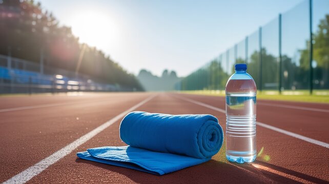 Blue towel and water bottle on running track with sunlight and trees background symbolizing fitness hydration and preparation
