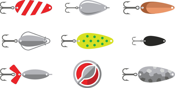 Fishing Spoon Lure Collection Vector Set with Metal Spinner Baits, Treble Hooks, Angling Tackle and Sport Fishing Equipment Illustration Pack