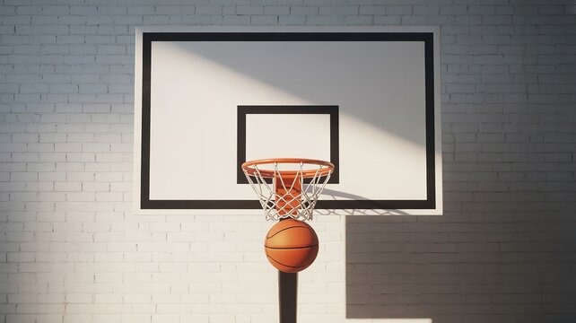 Basketball scoring moment with ball passing through hoop on white brick wall symbolizing accuracy achievement and sports success