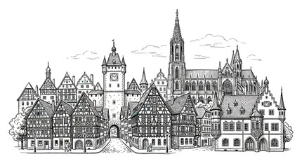 Historic European Town Skyline with Timbered Houses and Church © Bobo