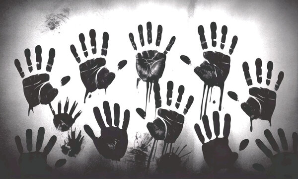 Spooky dripping black handprints smeared on a textured wall hallo ween horror concept vector illustration background