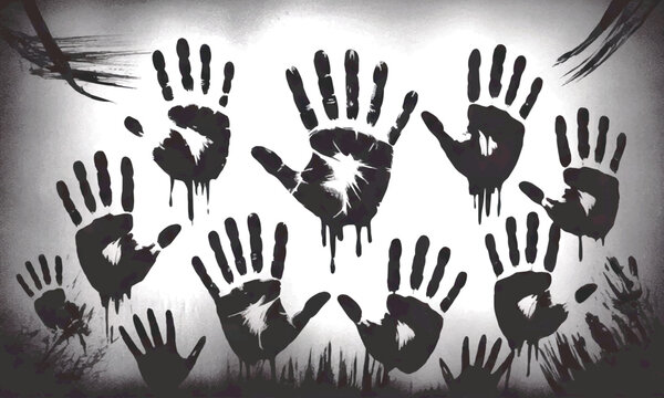 Scary dark grunge dripping handprints on wall for horror hallo ween concept poster vector illustration background