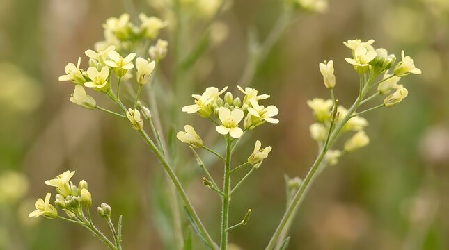 A close-up view of delicate yellow flowers of Camelina sativa growing in a rural field during the spring season under soft natural sunlight conditions
