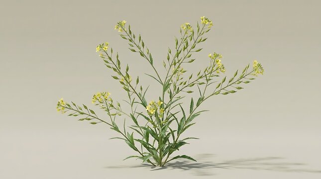 A detailed 3d rendered botanical illustration of a blooming Camelina sativa plant featuring yellow flowers and seed pods isolated on a neutral beige background